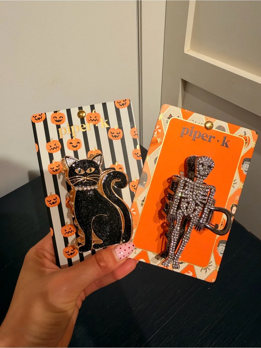 Piper hair clip black cat and skeleton Halloween collection